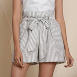 Front View of a Model wearing Cotton Grey Striped Paperbag Shorts