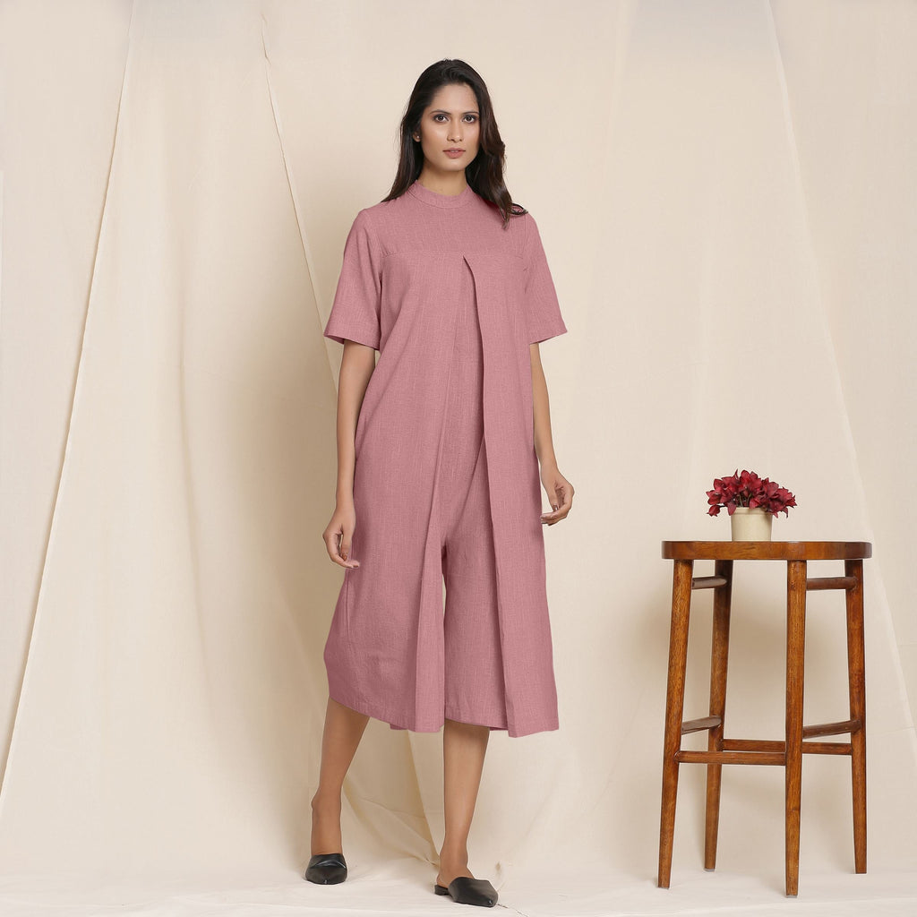 Front View of a Model wearing Cotton Maroon Box Pleated Jumpsuit
