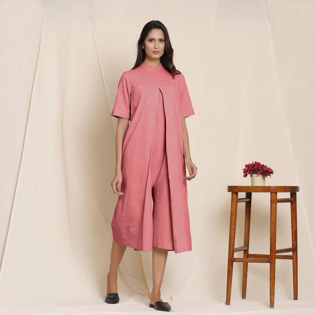 Right View of a Model wearing Cotton Red Box Pleated Jumpsuit