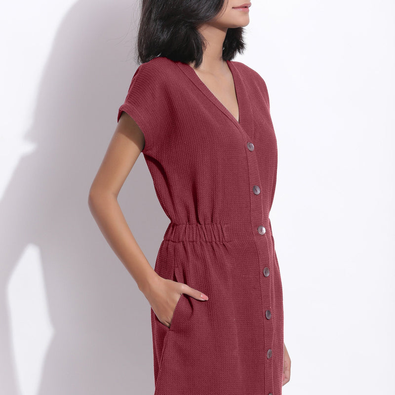 Front Detail of a Model wearing Cotton Waffle Barn Red Button-Down Dress