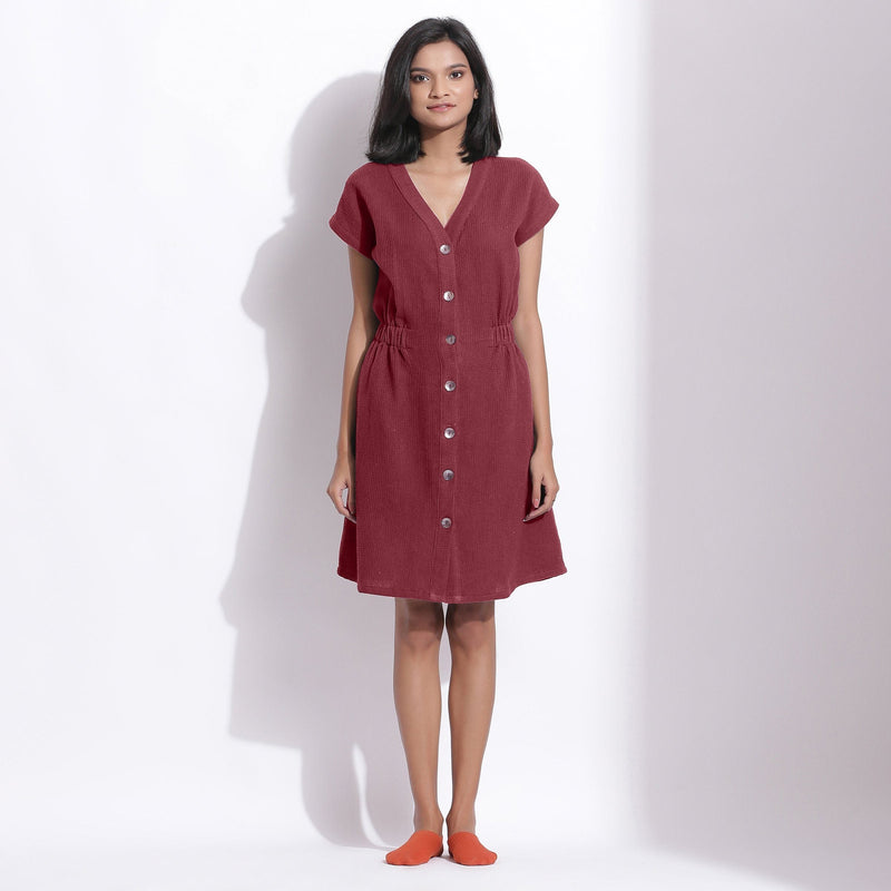 Front View of a Model wearing Cotton Waffle Barn Red Button-Down Dress