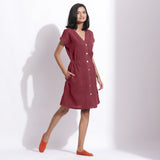 Right View of a Model wearing Cotton Waffle Barn Red Button-Down Dress