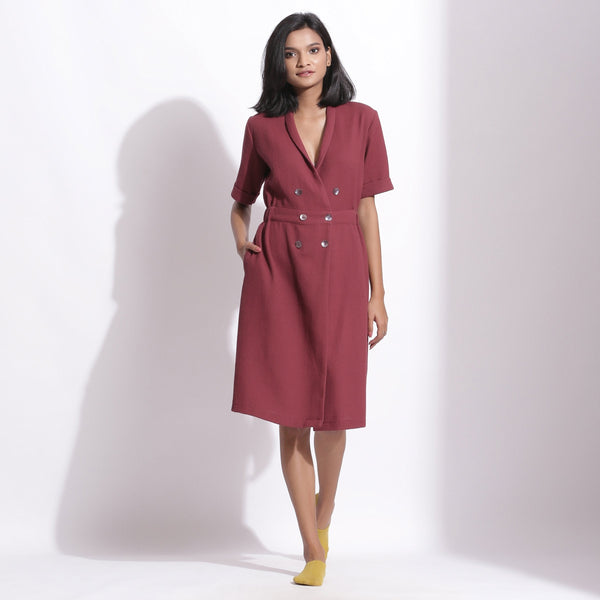 Front View of a Model wearing Barn Red Warm Cotton Waffle Knee Length Coat Dress