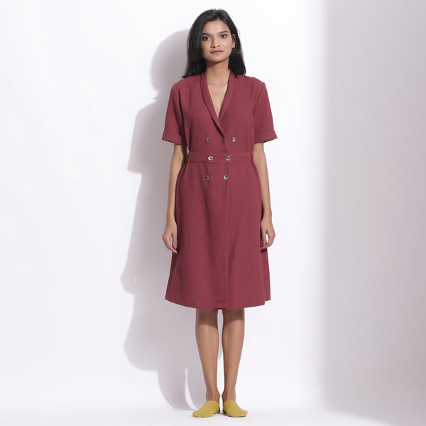 Front View of a Model wearing Barn Red Warm Cotton Waffle Knee Length Coat Dress