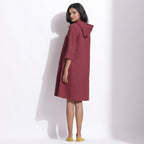 Back View of a Model wearing Cotton Waffle Barn Red Hoodie Dress