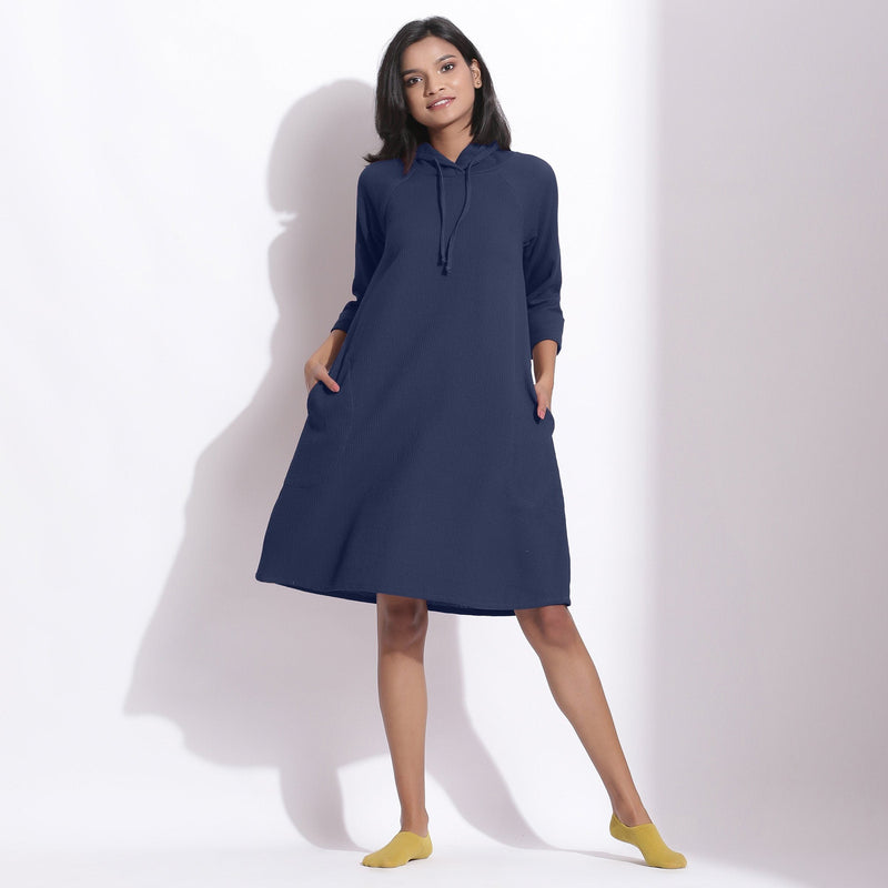 Front View of a Model wearing Cotton Waffle Navy Blue Hoodie Dress