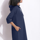 Right Detail of a Model wearing Cotton Waffle Navy Blue Hoodie Dress