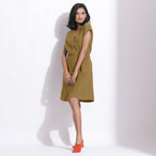 Left View of a Model wearing Cotton Waffle Olive Green Button-Down Dress