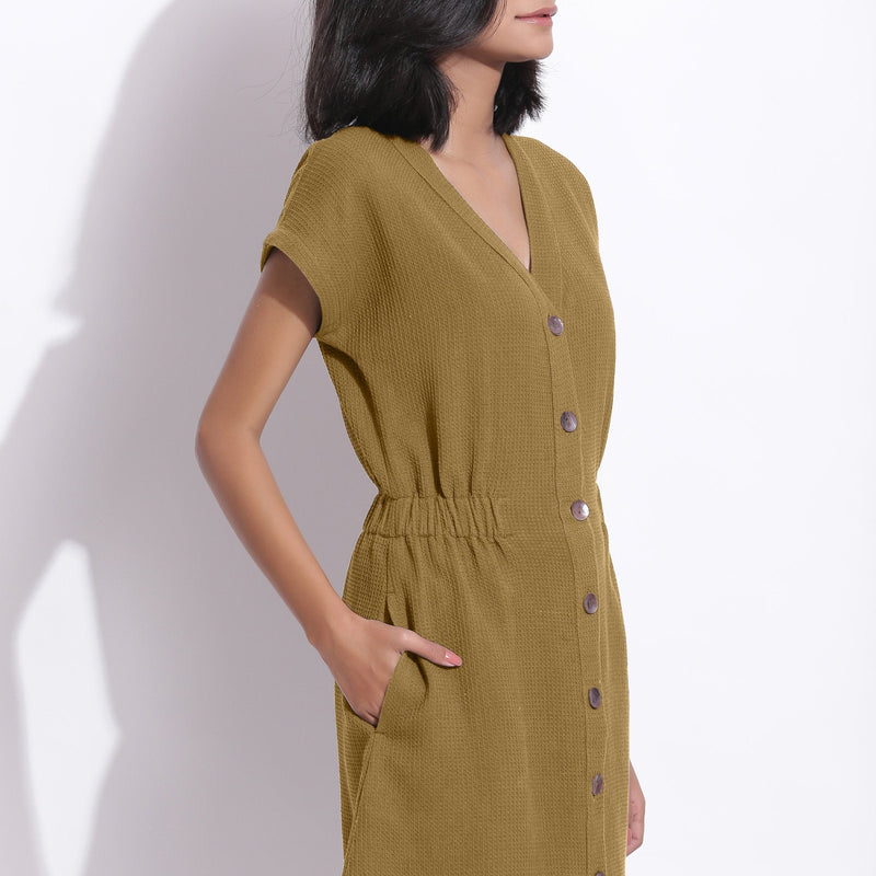 Front Detail of a Model wearing Cotton Waffle Olive Green Button-Down Dress