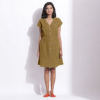 Front View of a Model wearing Cotton Waffle Olive Green Button-Down Dress