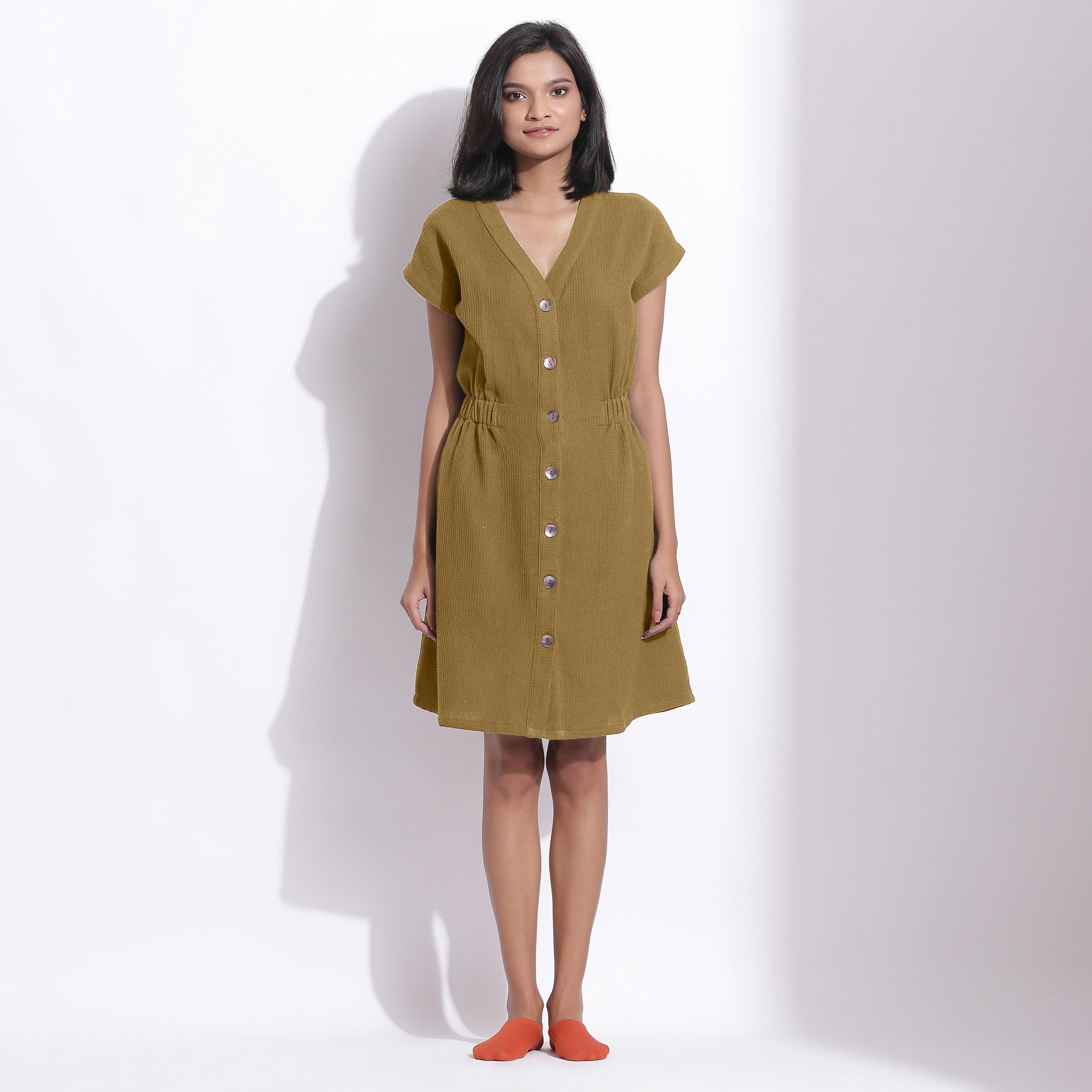 Front View of a Model wearing Cotton Waffle Olive Green Button-Down Dress