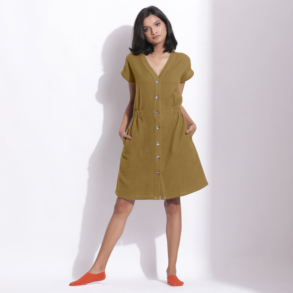 Front View of a Model wearing Cotton Waffle Olive Green Button-Down Dress