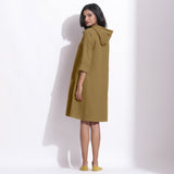 Back View of a Model wearing Cotton Waffle Olive Green Hoodie Dress