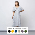Front View of a Model wearing Crinkled 100% Cotton Striped Button-Down Midi Cape Dress