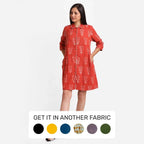 Front View of a Model wearing Dabu Hand Block Print Orange Button-Down Dress