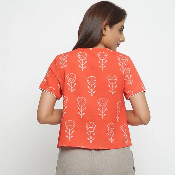 Back View of a Model wearing Dabu Print Relaxed Sleeves Button-Down Top