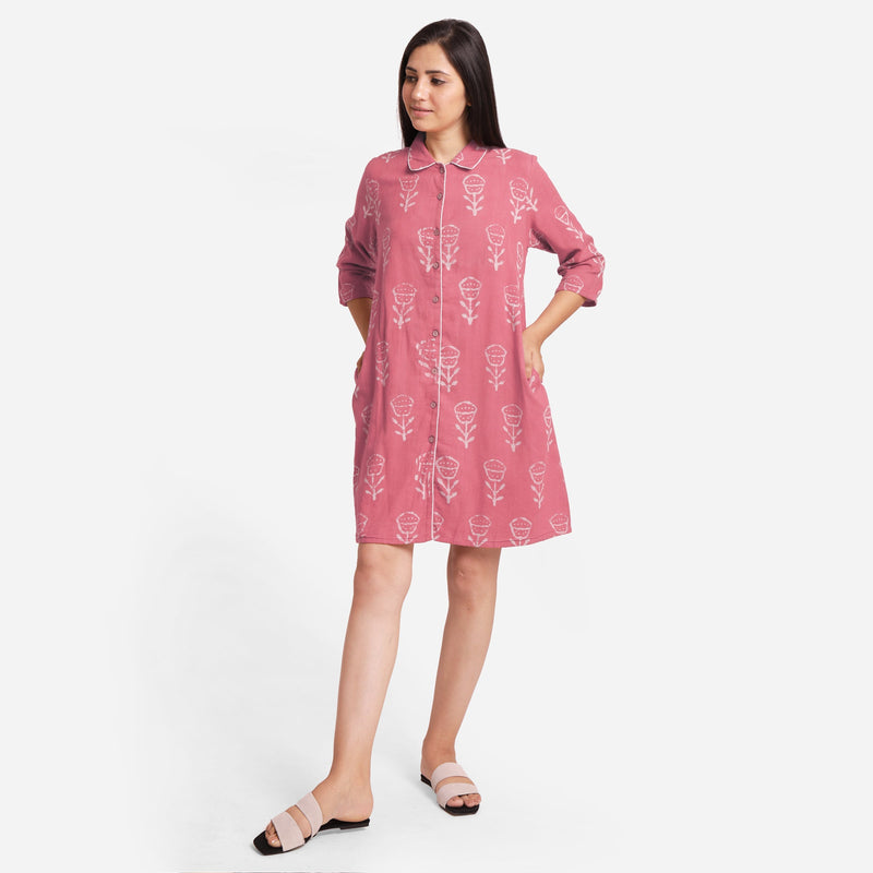Front View of a Model wearing Dabu Block Print Pink Cotton Short Dress
