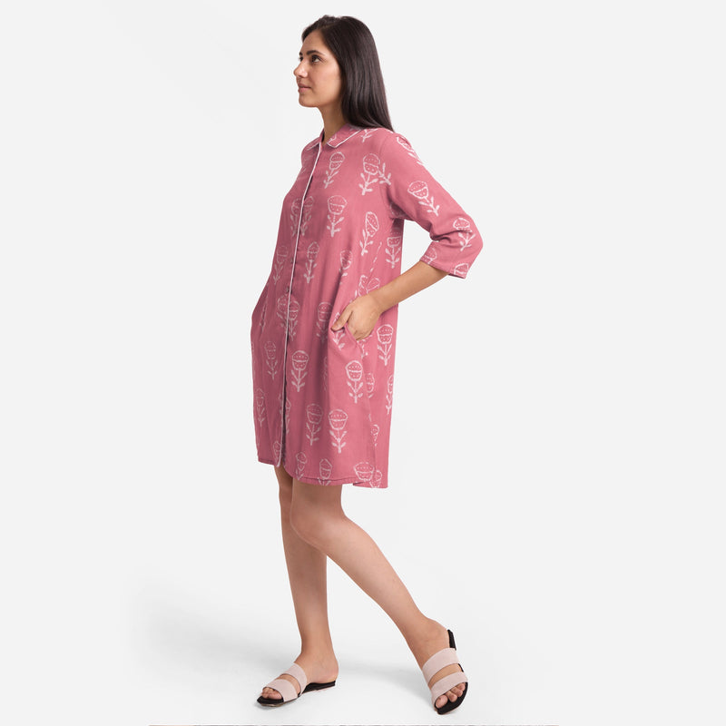 Left View of a Model wearing Dabu Block Print Pink Cotton Short Dress