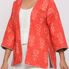Front Detail of a Model wearing Reversible Dabu Block Printed Overlay