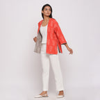 Front View of a Model wearing Reversible Dabu Block Printed Overlay