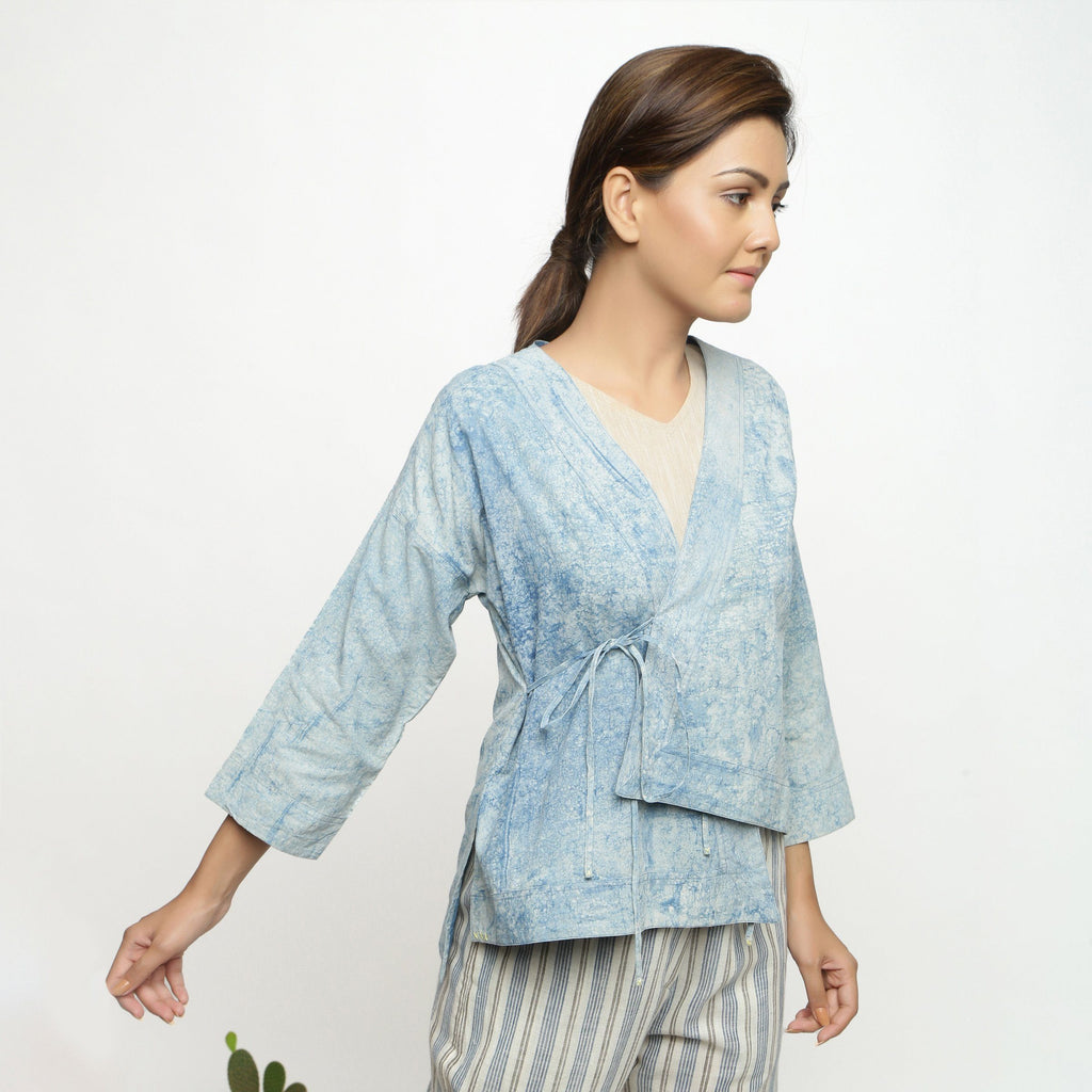 Right View of a Model wearing Dabu Hand-Lep Cotton High Low Outerwear