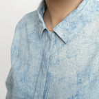Front Detail of a Model wearing Blue Dabu Printed Natural Dyed Cotton Button-Down Top