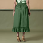 Back View of a Model wearing Dark Green A-Line Ruffled Cotton Skirt