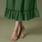 Close View of a Model wearing Dark Green A-Line Ruffled Cotton Skirt