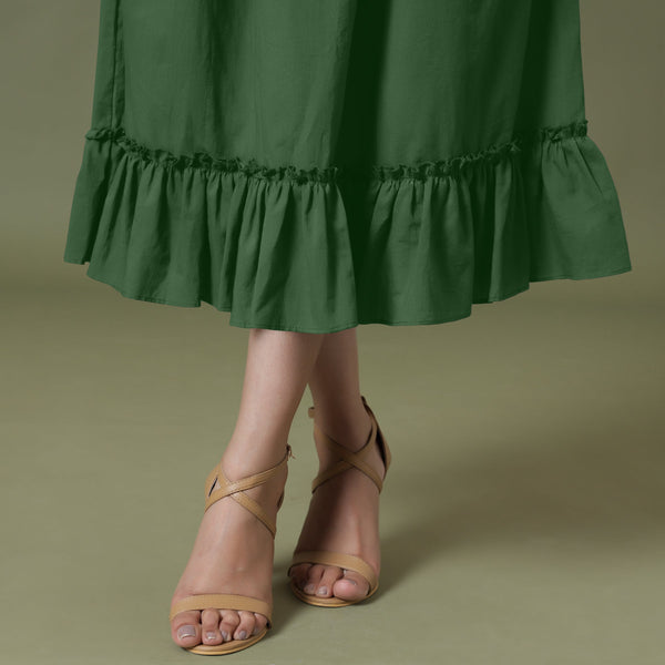 Close View of a Model wearing Dark Green A-Line Ruffled Cotton Skirt