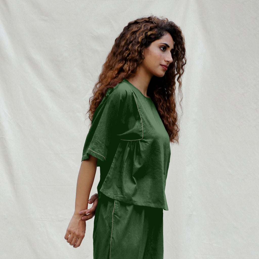 Dark Green Cotton Drop Shoulder Sleeves Gathered Top