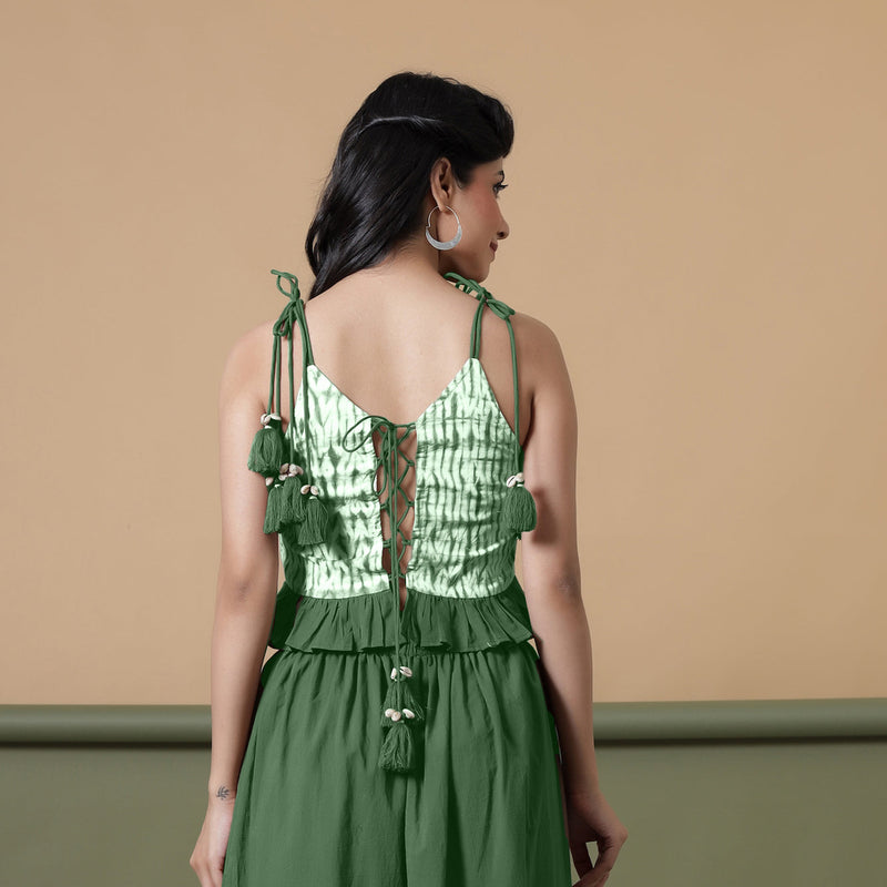 Back View of a Model wearing Dark Green Shibori Camisole Top