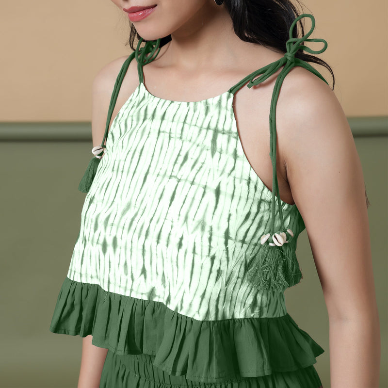 Front Detail of a Model wearing Dark Green Shibori Camisole Top