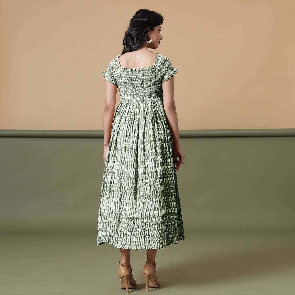 Back View of a Model wearing Dark Green Shibori Elasticated Gathered Dress