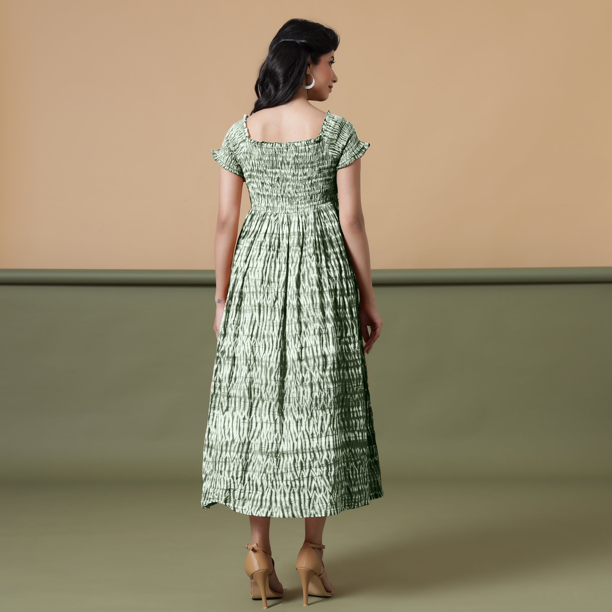 Back View of a Model wearing Dark Green Shibori Elasticated Gathered Dress