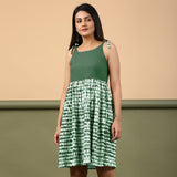 Front View of a Model wearing Dark Green Shibori Gathered Short Dress