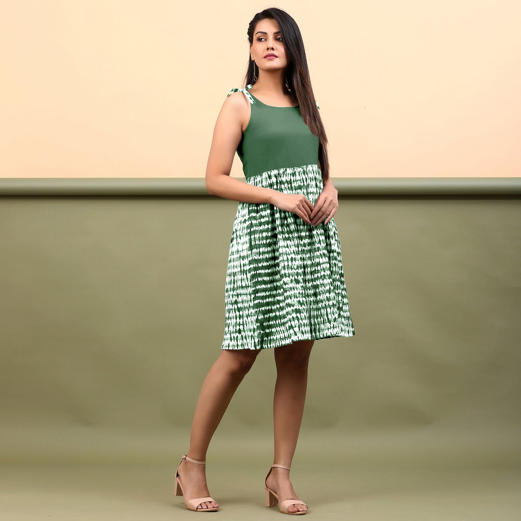 Right View of a Model wearing Dark Green Shibori Gathered Short Dress