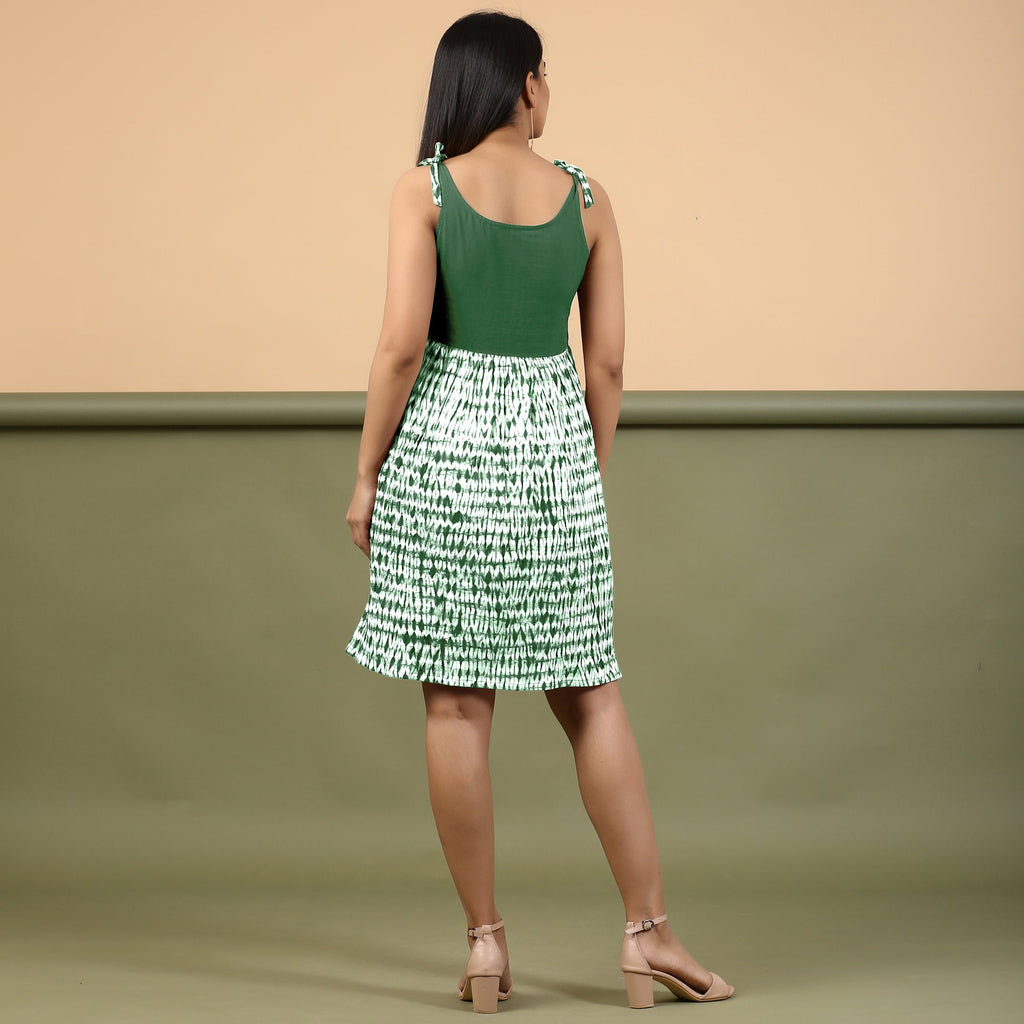 Back View of a Model wearing Dark Green Shibori Gathered Short Dress