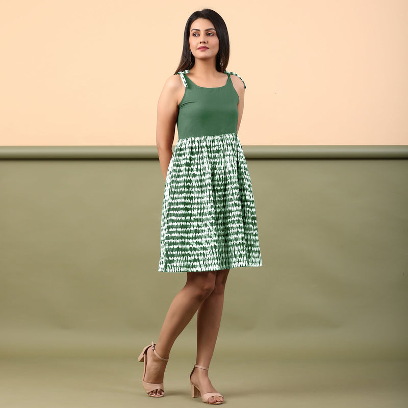 Front View of a Model wearing Dark Green Shibori Gathered Short Dress