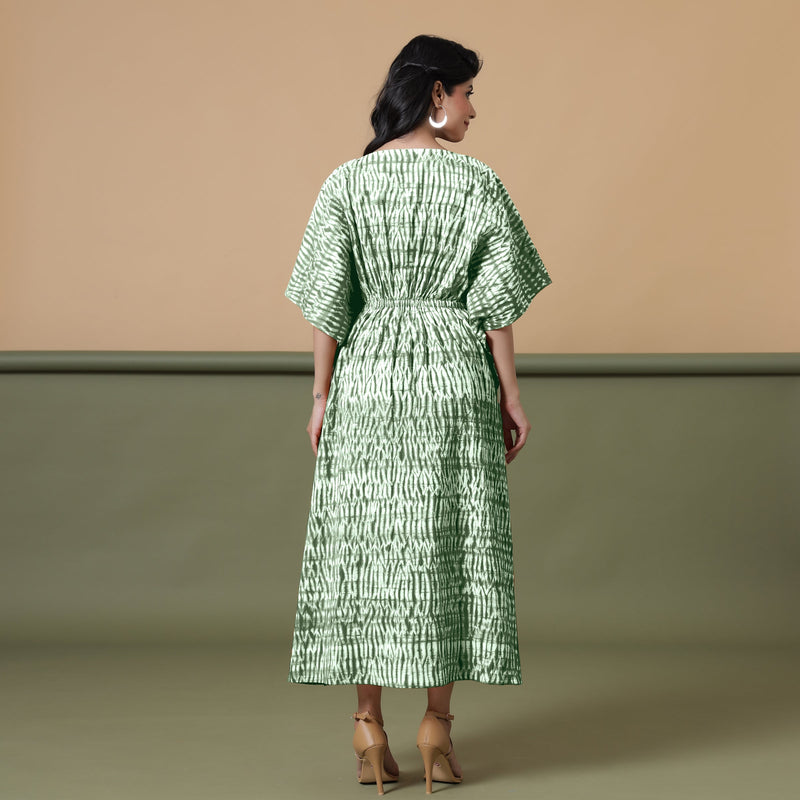 Back View of a Model wearing Dark Green Shibori Kaftan Dress