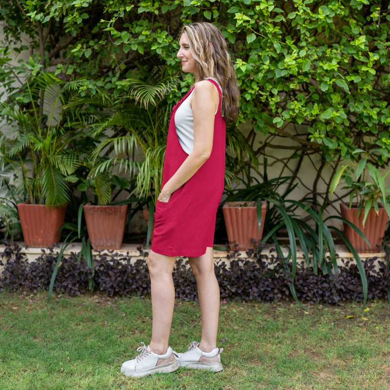 Dark Pink Cotton Poplin Dungaree Playsuit