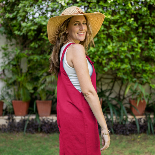 Dark Pink Cotton Poplin Dungaree Playsuit