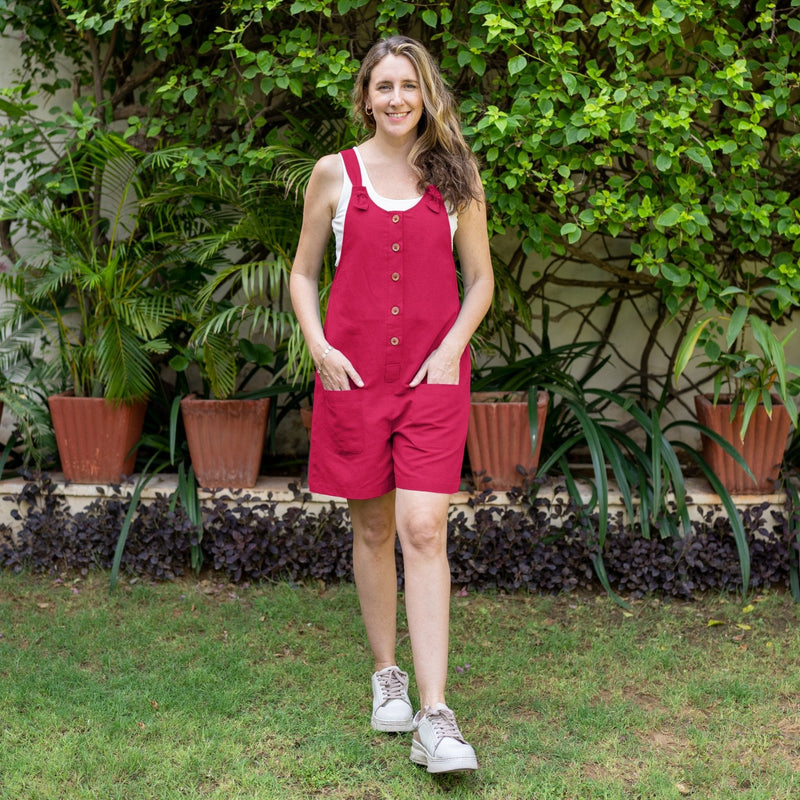 Dark Pink Cotton Poplin Dungaree Playsuit