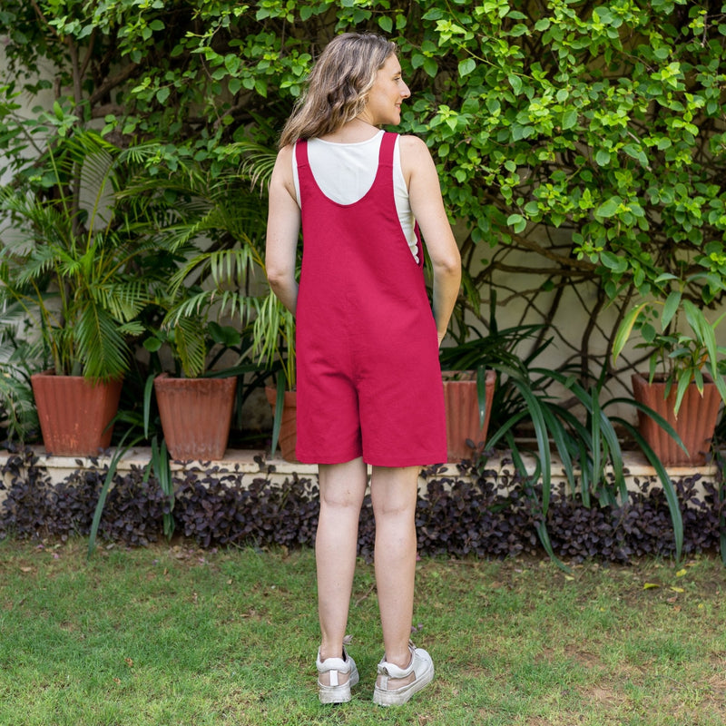 Dark Pink Cotton Poplin Dungaree Playsuit