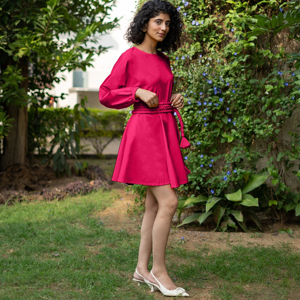 Dark Pink Cotton Poplin Fit and Flare Balloon Sleeves Short Dress