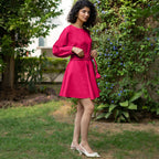 Dark Pink Cotton Poplin Fit and Flare Balloon Sleeves Short Dress