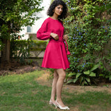 Dark Pink Cotton Poplin Fit and Flare Balloon Sleeves Short Dress