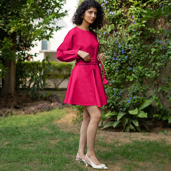 Dark Pink Cotton Poplin Fit and Flare Balloon Sleeves Short Dress