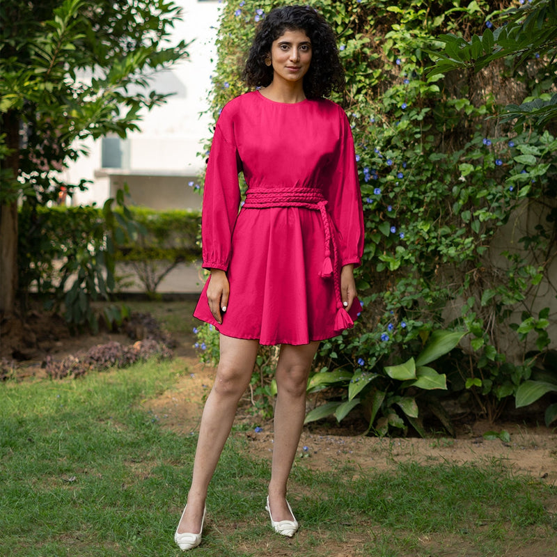 Dark Pink Cotton Poplin Fit and Flare Balloon Sleeves Short Dress