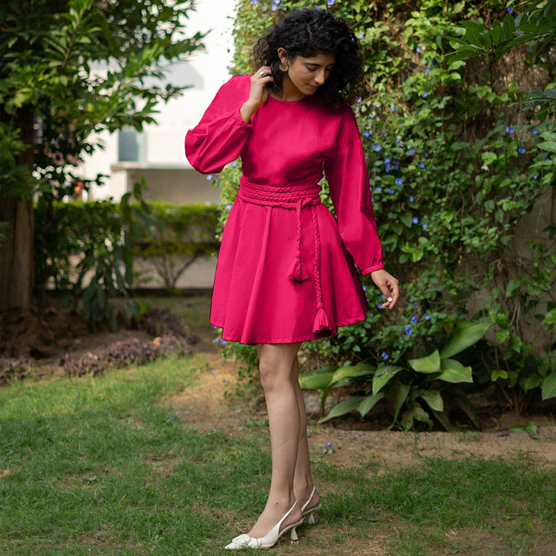 Dark Pink Cotton Poplin Fit and Flare Balloon Sleeves Short Dress