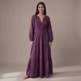 Deep Magenta Yarn-Dyed Cotton Floor Length Fit and Flare Tier Dress